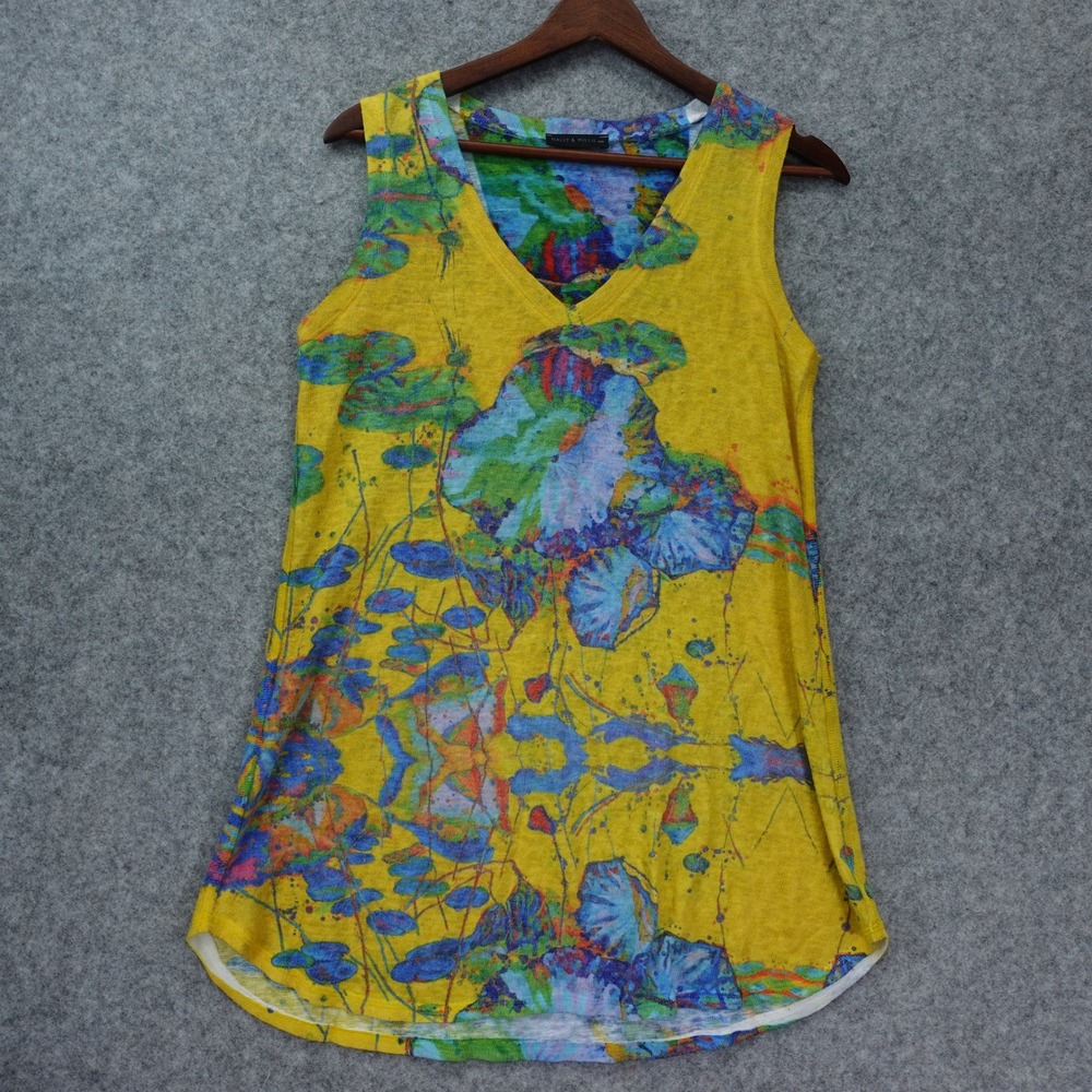Floral Tunic Top Womens M Yellow Water Lily Lotus Coastal Artsy USA Nally Millie